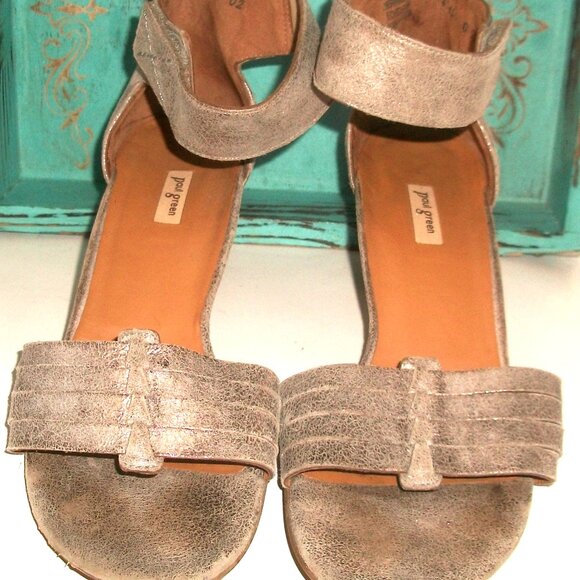 Paul Green Gold-Flecked Taupe Leather Low Heel Ankle Strap Sandals 9.5M - Picture 3 of 9